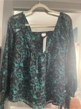 Isabel Maternity by Ingrid & Isabel Black Blouse with Teal Floral Pattern